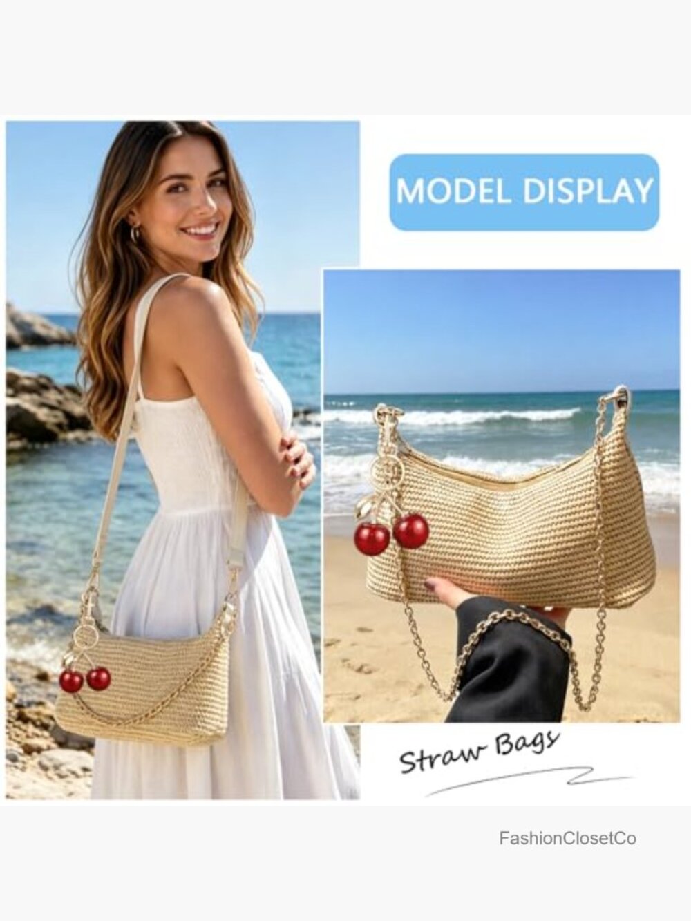 Straw Shoulder Bag with Cherry Pendant, Woven Crossbody Purse with Zipper - Picture 3 of 6